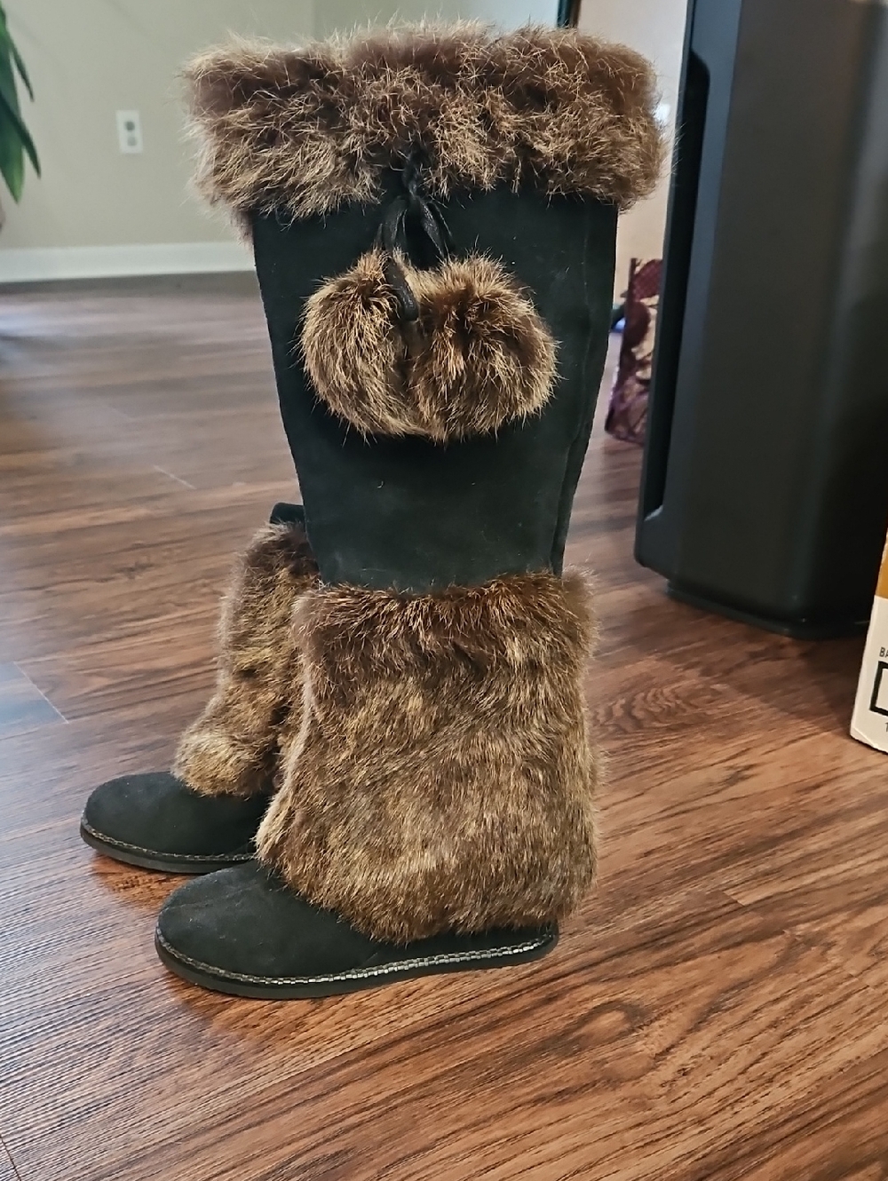 Miz Mooz Fur Trim Black Suede Leather Lined Winter Boots with Pom Poms